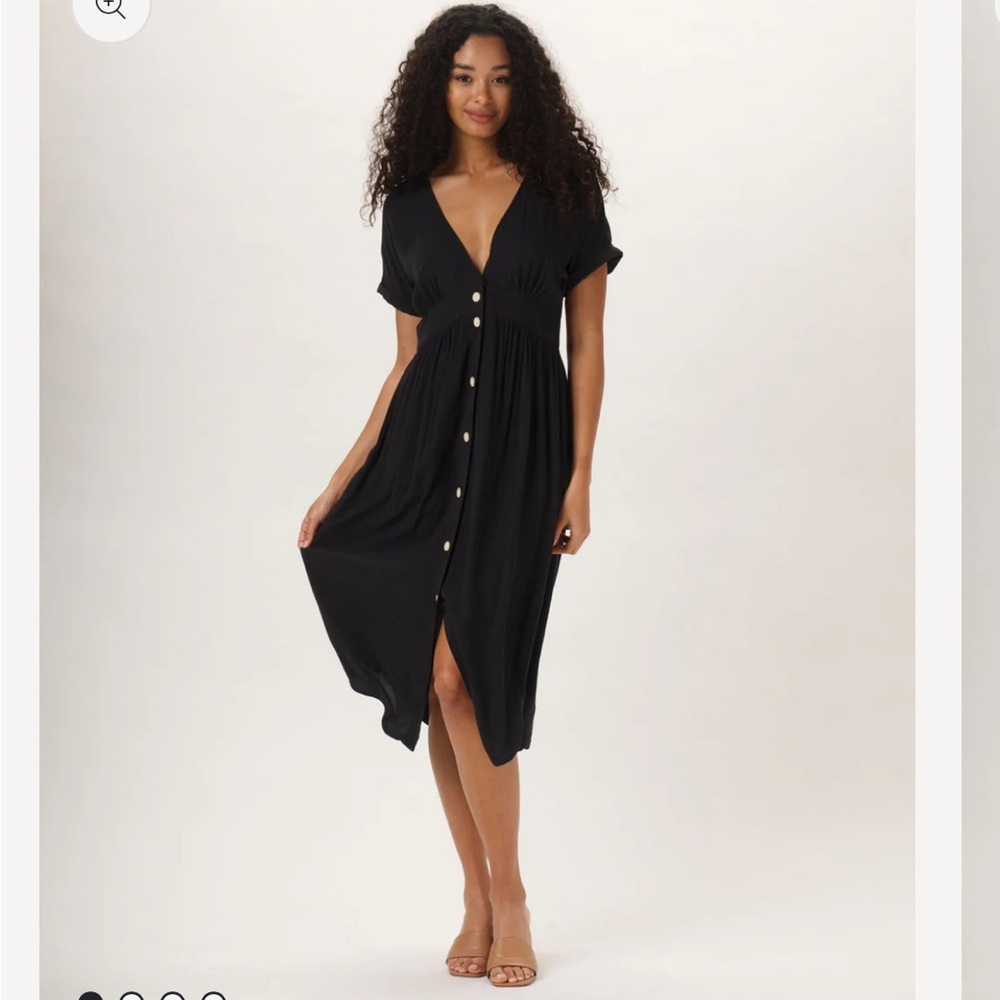 {The Normal Brand} Black Deep V Button Dress large midi